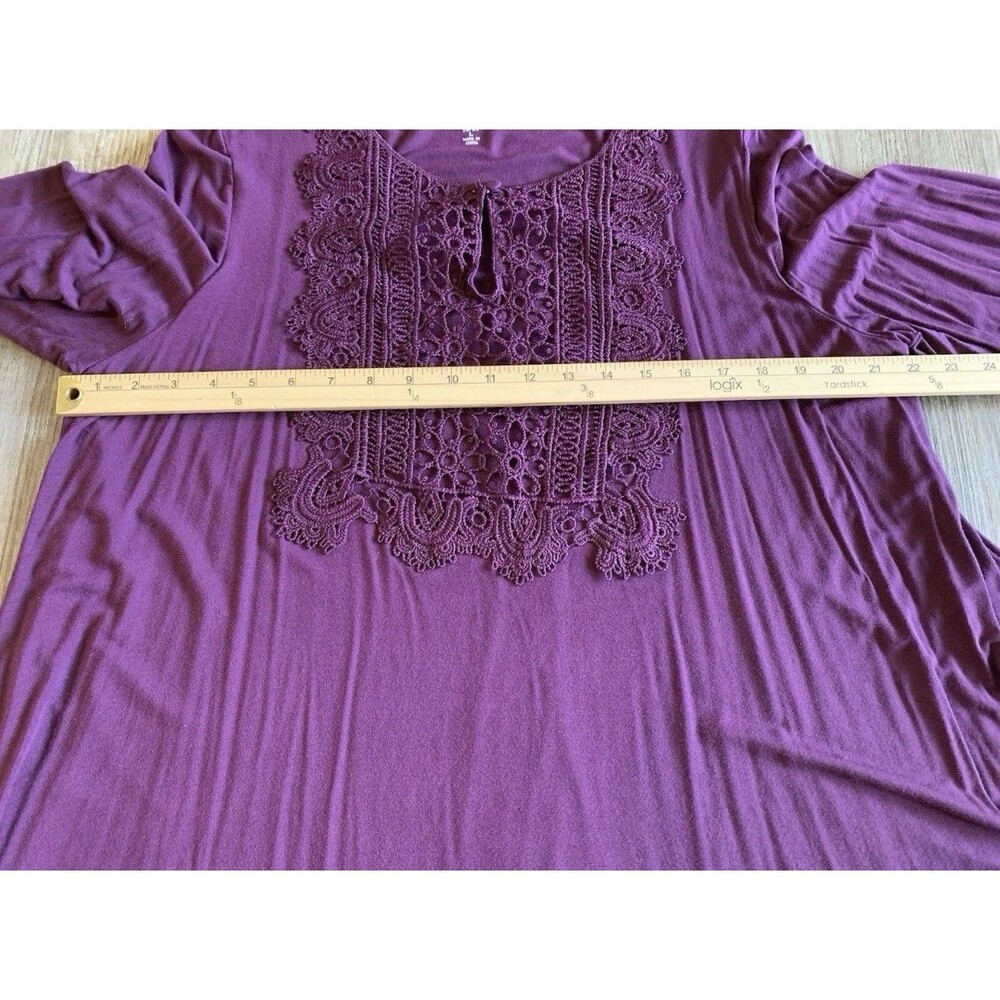 Roaman Purple Plum Lace Crochet Front Long Sleeve Keyhole Tunic Top Blouse 18/20 - Picture 6 of 10